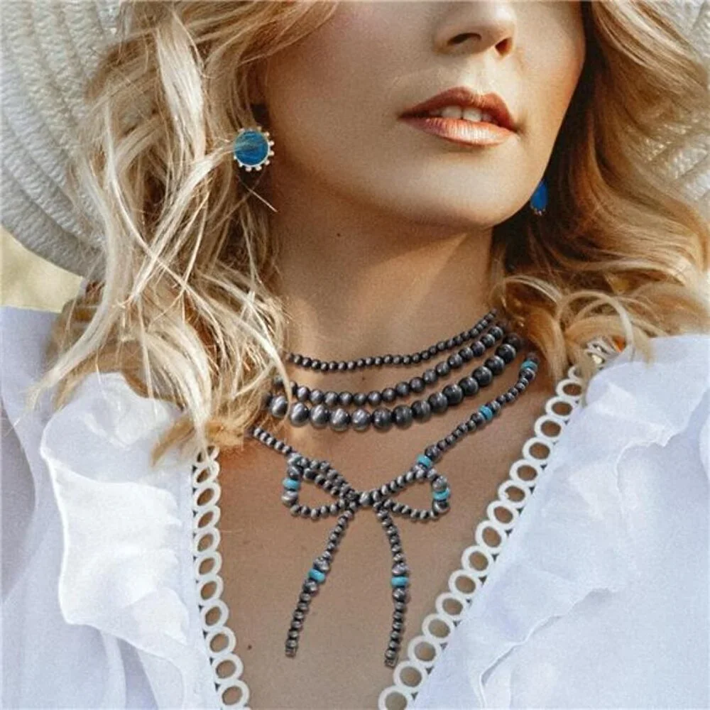 4pc Western Navajo Pearl & Turquoise Necklace Jewelry For Women Beaded Chain Bow